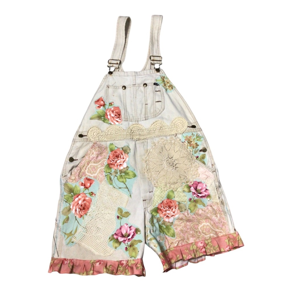 Upcycled Vintage Key Floral Patchwork Short Overalls 34 Bohemian Hippy